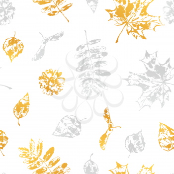 Seamless pattern with printed leaves. Art illustration of autumn foliage.