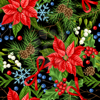 Seamless pattern with winter plants. Merry Christmas holiday decoration. Forest branches background in vintage style.