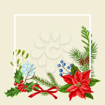 Decorative frame with winter plants. Merry Christmas holiday decoration. Forest branches background in vintage style.