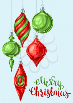 Christmas background with balls. Holiday vintage decorations for tree. Greeting celebration card.