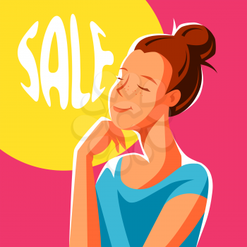 Cute girl dreaming about sales. Illustration of young woman character.