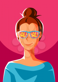 Cute girl in sunglasses with sale. Illustration of young woman character.