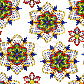 Mexican seamless pattern with flowers. Traditional decorative objects. Talavera ornamental ceramic. Ethnic folk ornament.