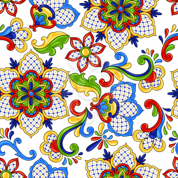 Mexican seamless pattern with flowers. Traditional decorative objects. Talavera ornamental ceramic. Ethnic folk ornament.