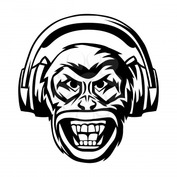 Angry monkey head in headphones. Aggressive animal musical poster or emblem design.