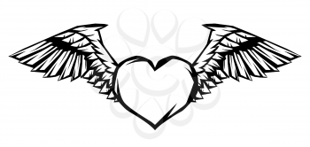 Heart with wings for tattoo design or emblem. Stylized black and white illustration.