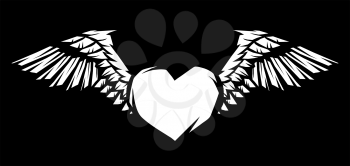 Heart with wings for tattoo design or emblem. Stylized black and white illustration.