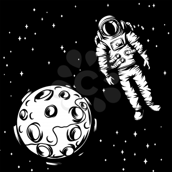 Illustration of astronaut with moon. Spaceman in suit. Cosmonaut in outer space.