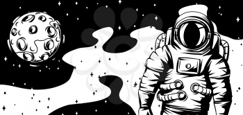 Illustration of astronaut with moon. Spaceman in suit. Cosmonaut in outer space.