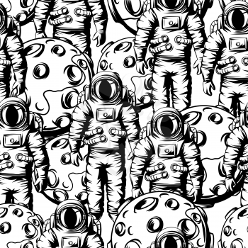 Seamless pattern of astronauts and moons. Spacemen in suit. Cosmonauts in outer space. Satellite with craters.