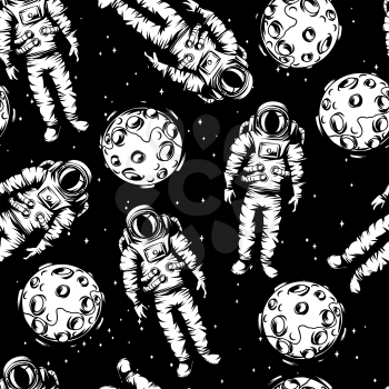 Seamless pattern of astronauts and moons. Spacemen in suit. Cosmonauts in outer space. Satellite with craters.