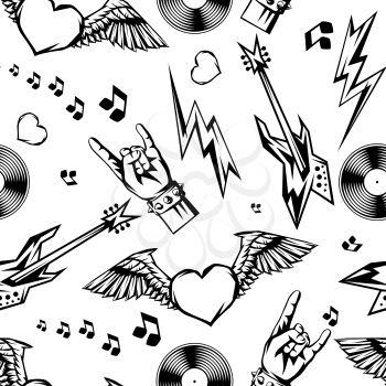 Rock and roll music seamless pattern. Rock festival ornament. Vintage background with musical items.