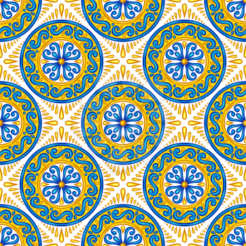 Moroccan ceramic tile seamless pattern. Ethnic floral motifs. Mediterranean traditional folk ornament. Portuguese azulejo, mexican talavera or spanish majolica.