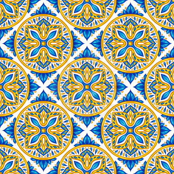 Moroccan ceramic tile seamless pattern. Ethnic floral motifs. Mediterranean traditional folk ornament. Portuguese azulejo, mexican talavera or spanish majolica.