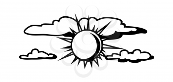 Black white sun and clouds. Stylized engraving illustration.
