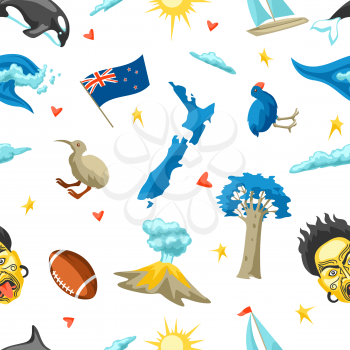 New Zealand seamless pattern. Oceanian traditional symbols and attractions.