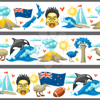 New Zealand seamless pattern. Oceanian traditional symbols and attractions.