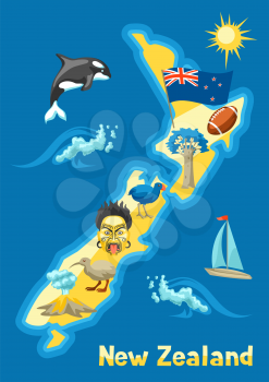 Illustration of New Zealand map. Oceanian traditional symbols and attractions.