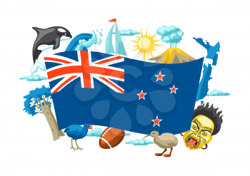 New Zealand background design. Oceanian traditional symbols and attractions.