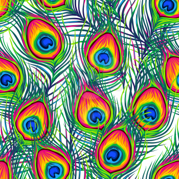 Peacock feathers seamless pattern. Color hand drawn exotic bird plumage.