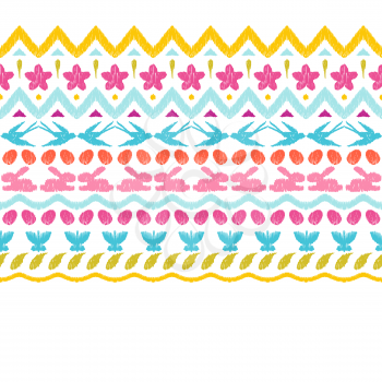 Happy Easter ikat seamless pattern. Ornament texture with holiday items. Mengikat textile.