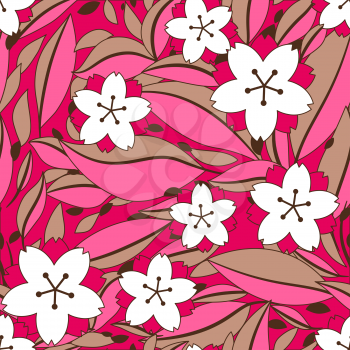 Seamless pattern with sakura or cherry blossom. Floral japanese ornament of blooming flowers and leaves.