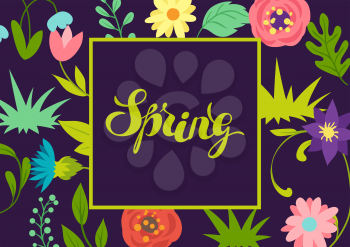 Background with spring flowers. Beautiful decorative natural plants, buds and leaves.