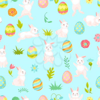 Happy Easter seamless pattern. Cute bunnies, eggs and flowers for traditional celebration.