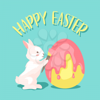 Happy Easter greeting card. Holiday illustration with bunny and eggs.