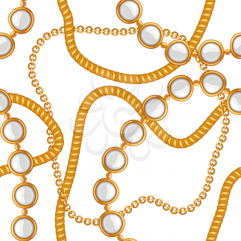 Seamless pattern with golden chains and pearls. Vintage luxury precious background.