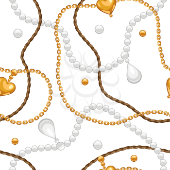 Seamless pattern with golden chains and pearls. Vintage luxury precious background.