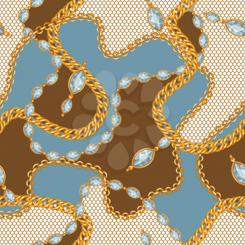 Seamless pattern with golden chains and lace. Vintage luxury precious background.