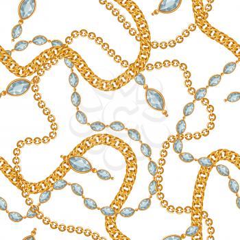 Seamless pattern with golden chains and gem stones. Vintage luxury precious background.