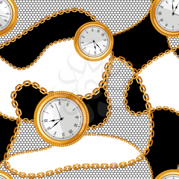Seamless pattern with golden chains and watches. Vintage luxury precious background.