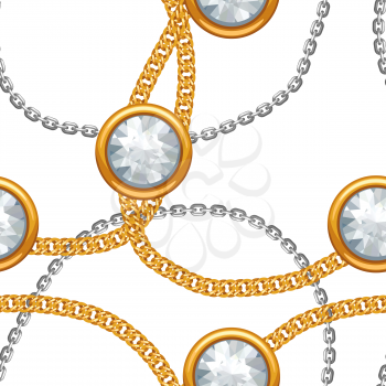 Seamless pattern with golden chains and gem stones. Vintage luxury precious background.