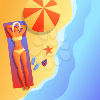 Girl in bikini sunbath and relax. Beautiful tanned blond woman in sunglasses on beach.