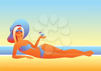 Girl sunbathes on beach. Beautiful tanned blond woman with cocktail.