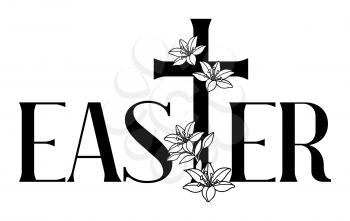 Happy Easter concept illustration. Cross and lilies. Greeting card. with religious symbol of faith.
