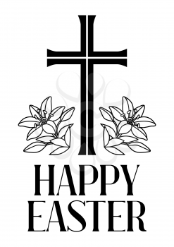 Happy Easter concept illustration. Cross and lilies. Greeting card. with religious symbol of faith.