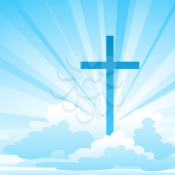 Easter illustration. Greeting card with cross and clouds. Religious symbol of faith.