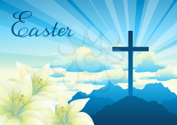Easter illustration. Greeting card with cross and lilies. Religious symbol of faith.