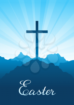 Easter illustration. Greeting card with cross and sky. Religious symbol of faith.