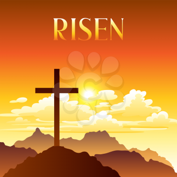 Risen. Easter illustration. Greeting card with cross and clouds. Religious symbol of faith.