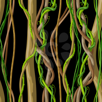 Twisted wild liana branch seamless pattern. Jungle vines plant. Woody natural tropical rainforest.