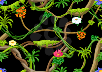 Twisted wild liana branch seamless pattern. Jungle vines plant. Woody natural tropical rainforest.