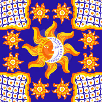 Mexican talavera ceramic tile pattern. Cute naive sun and moon. Ethnic folk ornament.