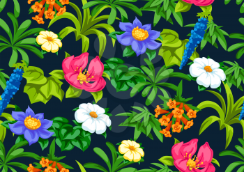 Seamless pattern with tropical flowers. Exotic tropical plants. Illustration of jungle nature.
