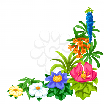 Decorative corner with tropical flowers. Exotic tropical plants. Illustration of jungle nature.