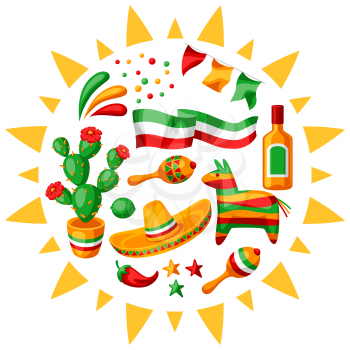 Mexican Cinco de Mayo greeting card. National holiday items.