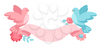 Pink and blue dove holding ribbon with flowers. Illustration for Wedding or Valentine day.